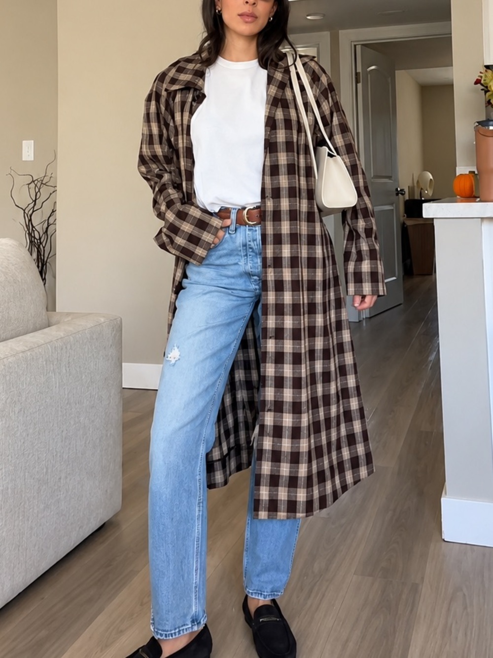 Reformation Beck Plaid Trench Coat in Brown Check